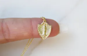 14K Gold Miraculous Medal Shield Necklace