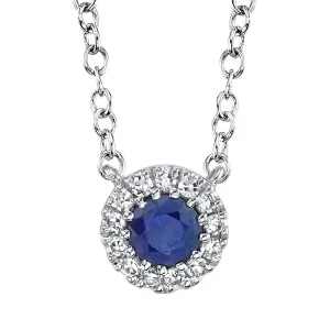 14KT GOLD 0.14 CT SAPPHIRE & .04 CTW DIAMOND HALO NECKLACE