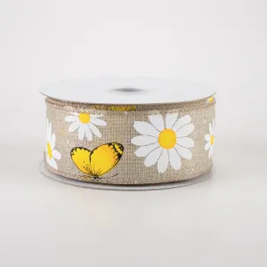 1.5" Daisies & Butterflies Linen Ribbon: Natural (10 Yards)